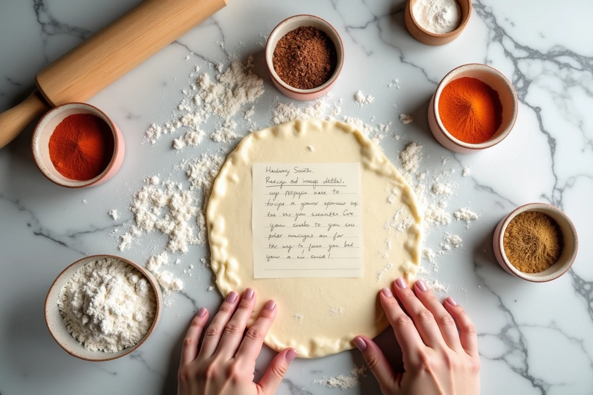 Vue du dessus d'un plan de travail en marbre avec une recette manuscrite, épices en ramequins et pâte feuilletée maison pour une inspiration pâtisserie artisanale