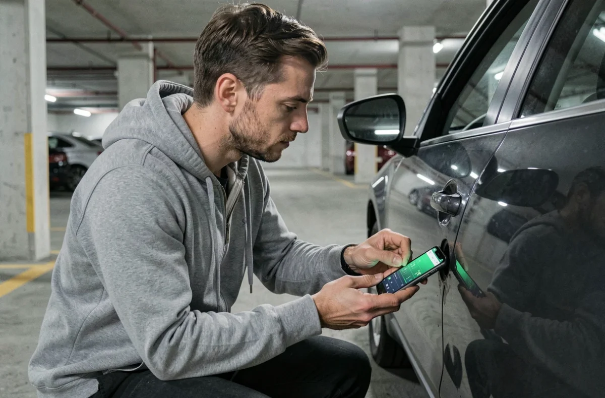 Homme installant un boîtier OBD-II dans une voiture SUV dans un parking urbain, gadget connecté pour diagnostic automobile