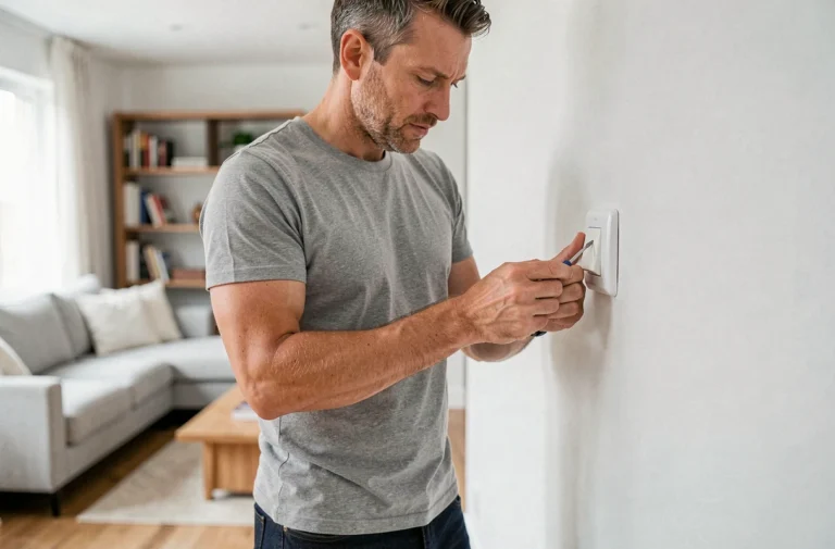 Homme installant un interrupteur sans fil sur un mur blanc dans un salon moderne