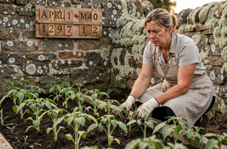 Jardinière française inspectant ses jeunes plants de tomates pendant la lune rousse au printemps