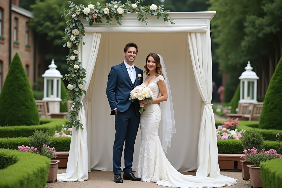 Jeune couple marié posant dans un photobooth en plein air