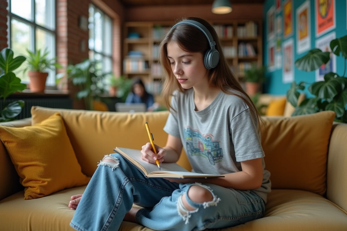Jeune fille dessinant dans un espace cosy intérieur