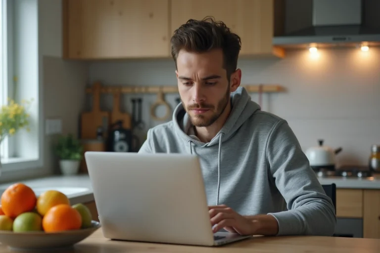 Jeune homme en hoodie regarde son ordinateur dans la cuisine
