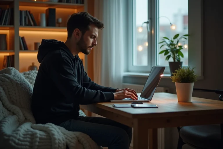 Jeune homme concentré sur son ordinateur dans un appartement moderne