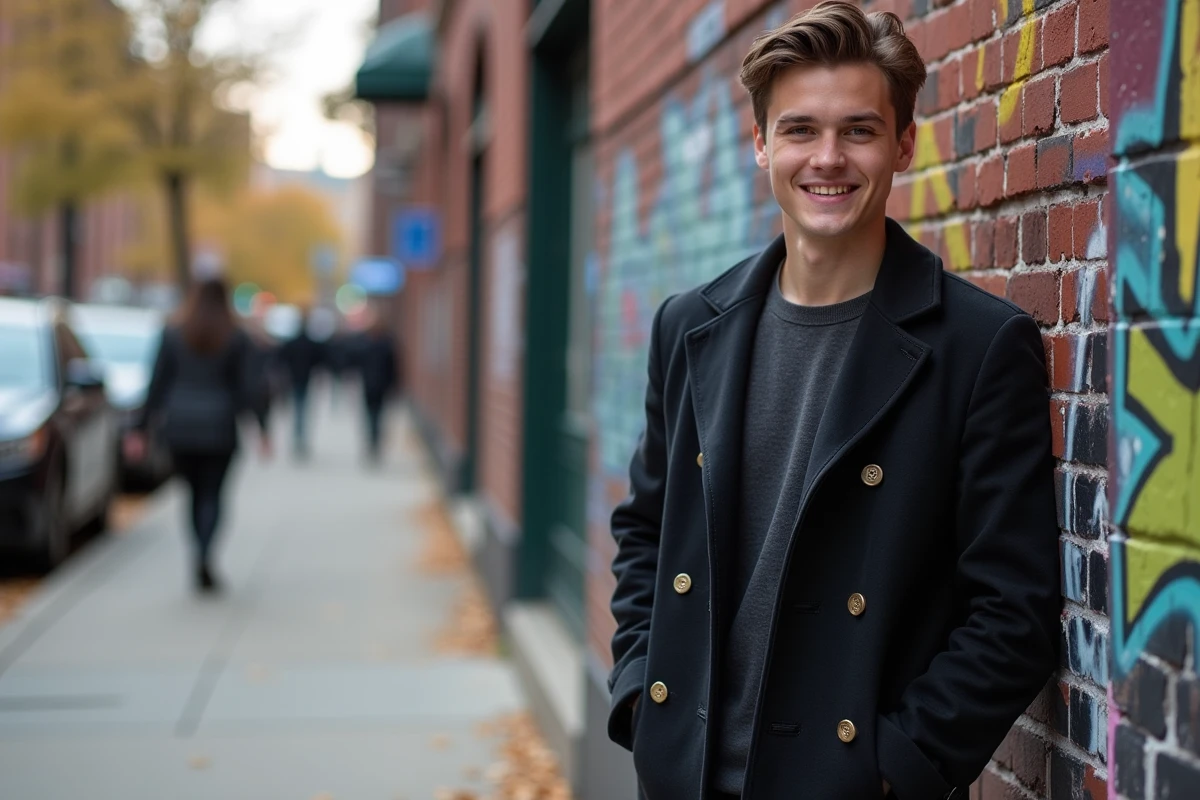 Jeune homme en manteau sur un trottoir urbain à Chicago