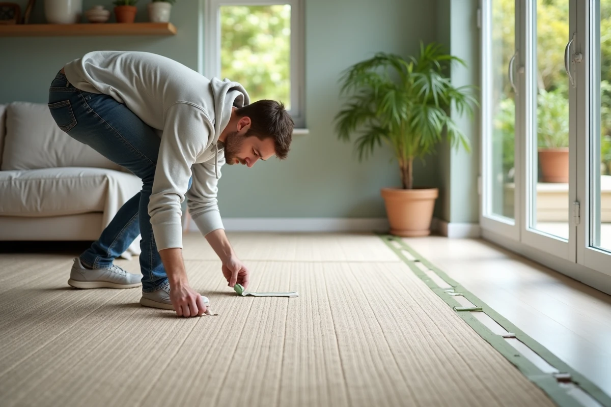 Jeune homme en train de tapisser un tapis en jonc de mer