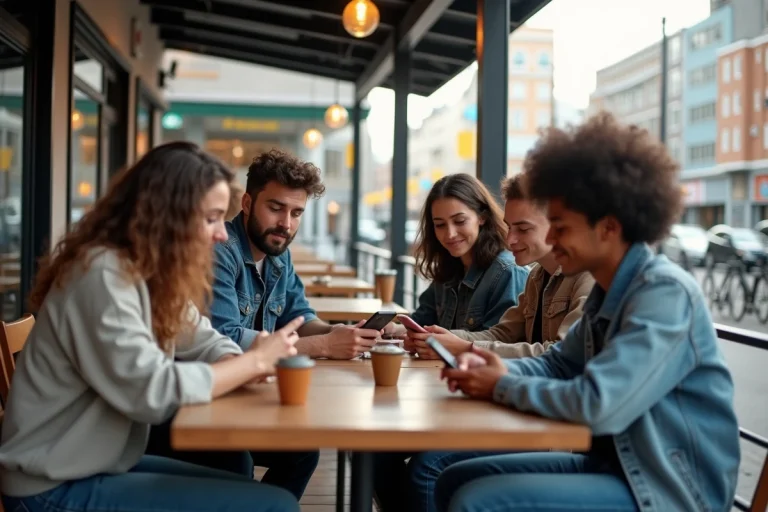Groupe de jeunes discutant dans un café urbain dynamique