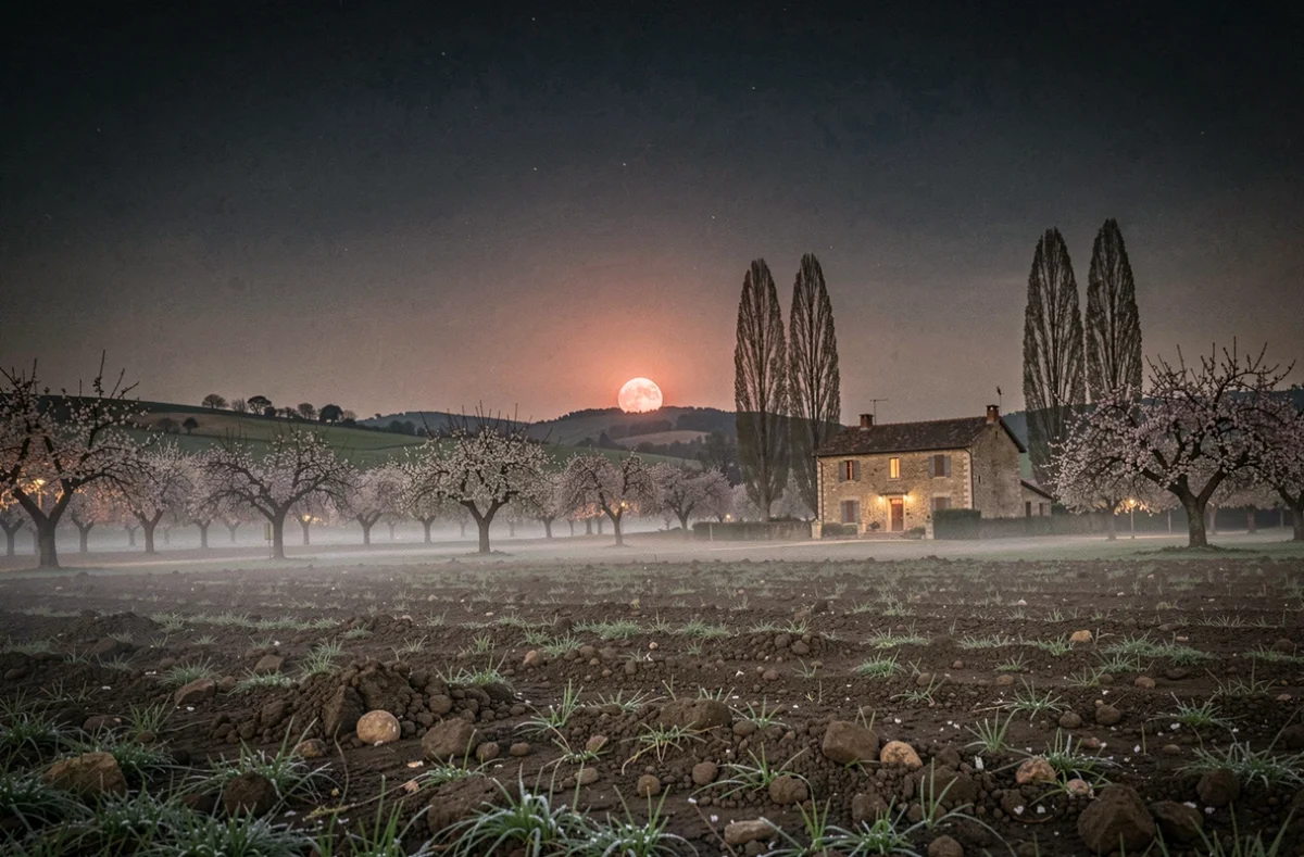 Lune rousse se levant sur les vergers et champs de campagne française au mois d'avril