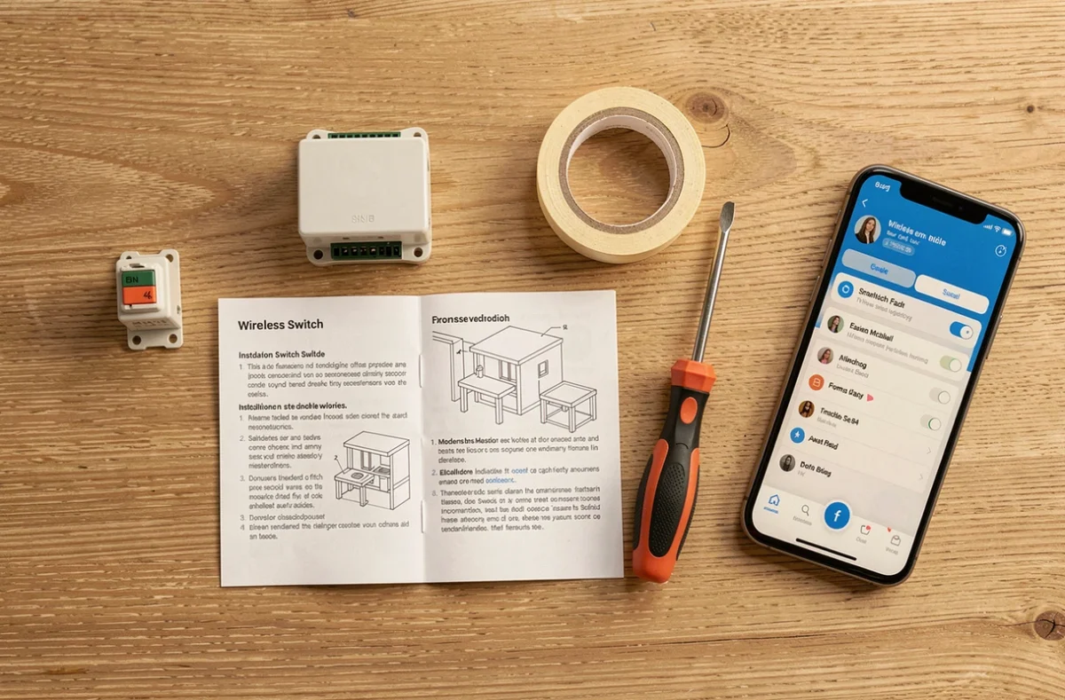 Vue du dessus du matériel nécessaire pour installer un interrupteur sans fil, incluant notice, tournevis et smartphone