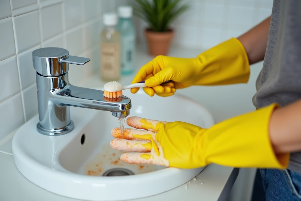 Femme nettoyant un robinet en chrome rouillé avec du vinaigre blanc et du bicarbonate dans une salle de bain
