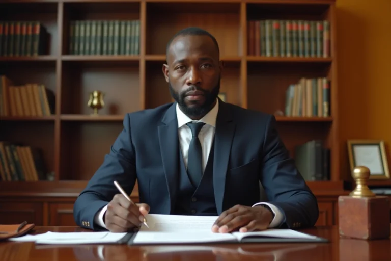 Notaire béninois en costume sombre travaillant sur des documents juridiques dans son étude à Cotonou