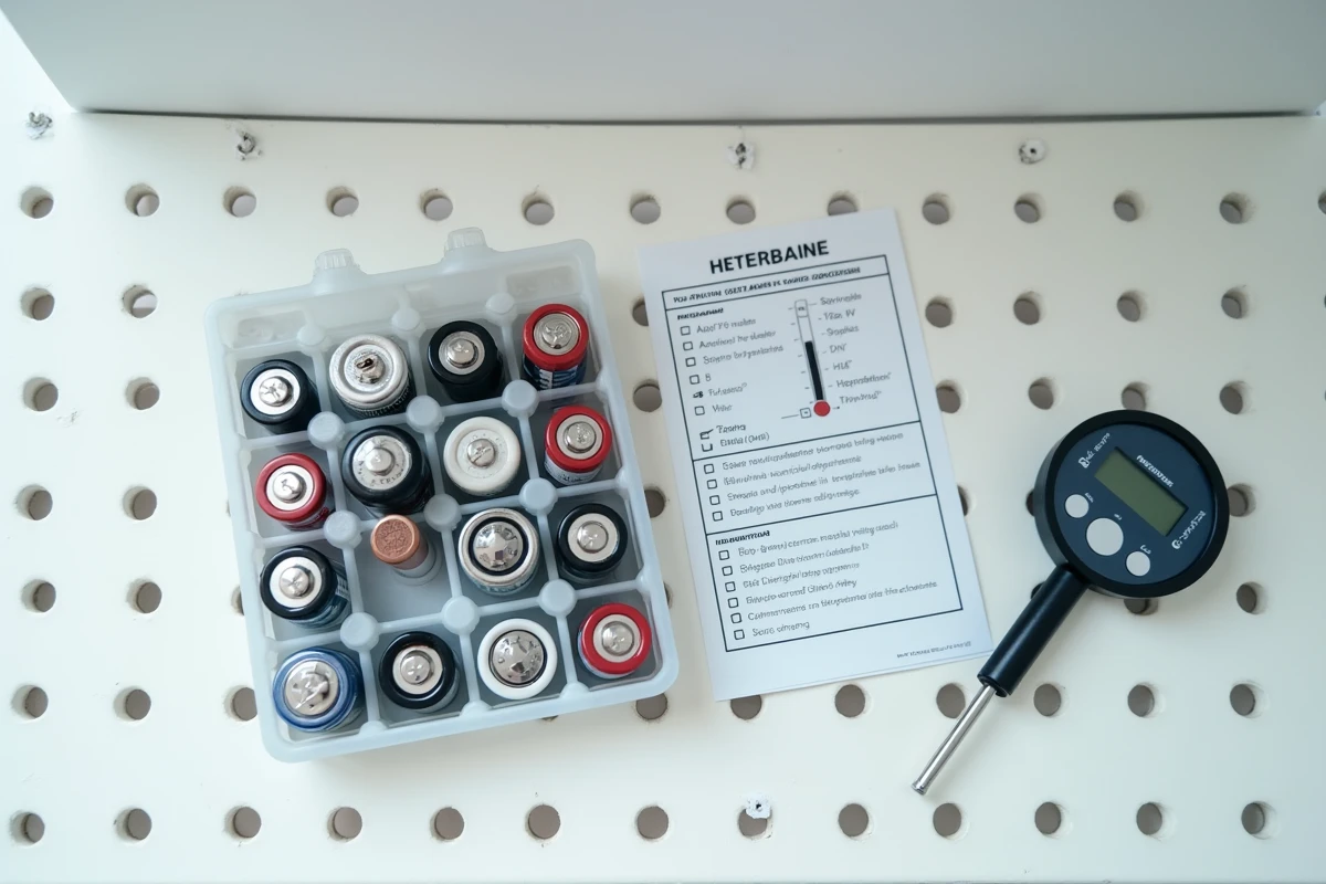 Vue de dessus d'un organisateur de piles triées par type avec hygromètre et guide de température sur une étagère propre