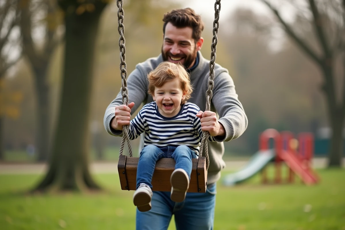 Pere pousse son fils sur une balançoire dans un parc verdoyant