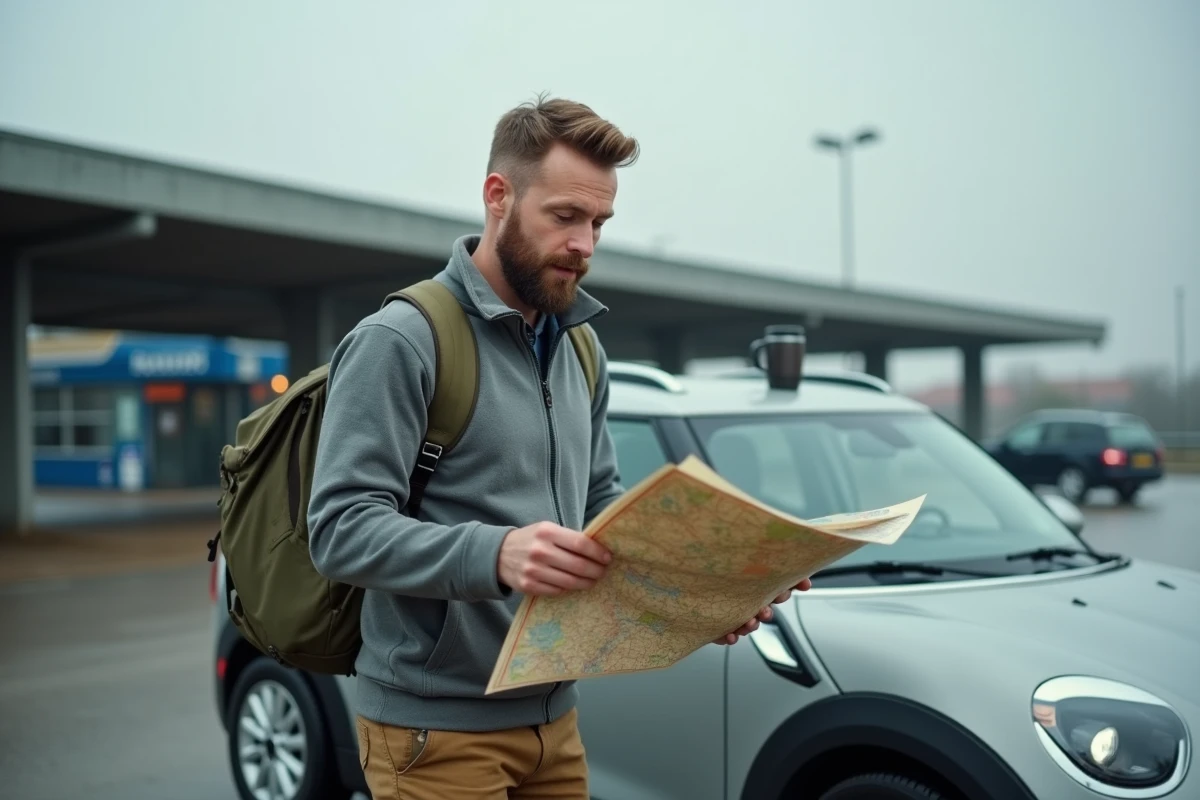 Automobiliste consultant une carte routière lors d'une pause sur une aire d'autoroute belge