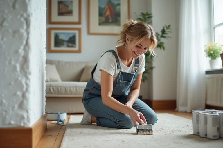Femme en overalls peignant un tapis en seagrjonc de mer