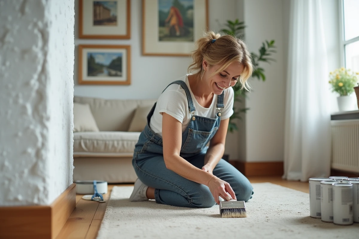 Femme en overalls peignant un tapis en seagrjonc de mer