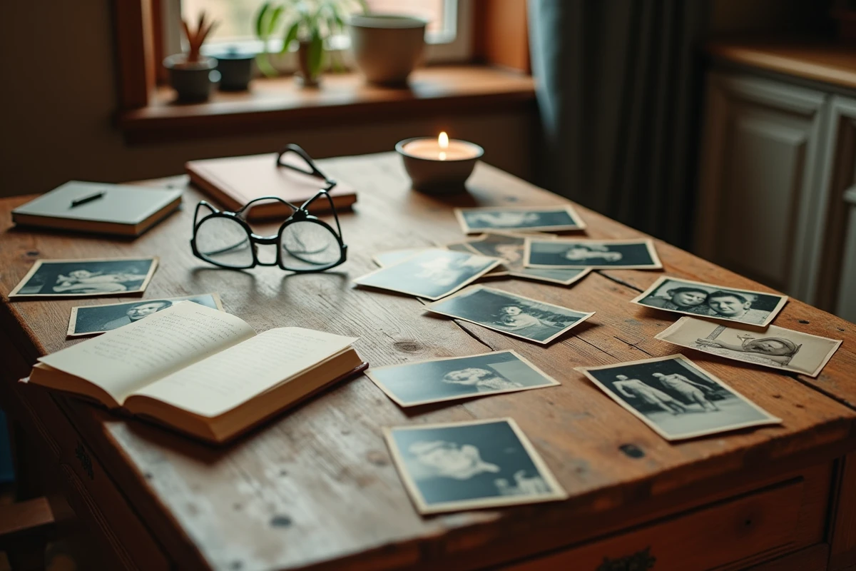 Collection de photographies de famille vintage sur une table en bois avec un journal manuscrit, symbolisant les origines et l'histoire familiale dévoilée dans le parcours de Rebecca King Crews