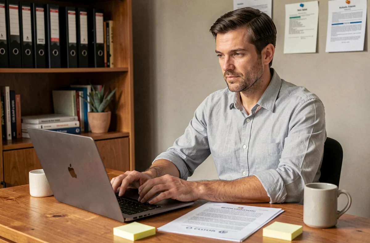 Professionnel travaillant seul sur le décret du référentiel AS 2026 depuis son bureau à domicile avec documents imprimés et ordinateur portable