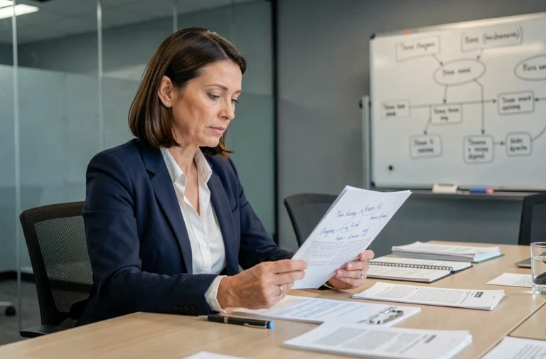Professionnelle en blazer marine analysant des documents réglementaires liés au référentiel AS 2026 dans une salle de réunion moderne