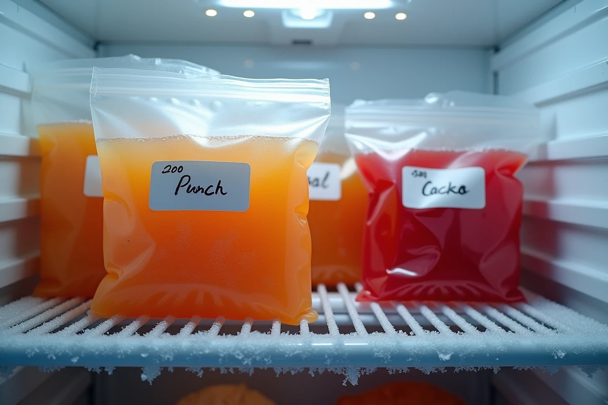 Sacs et contenants hermétiques de punch étiquetés et organisés sur une étagère de congélateur domestique