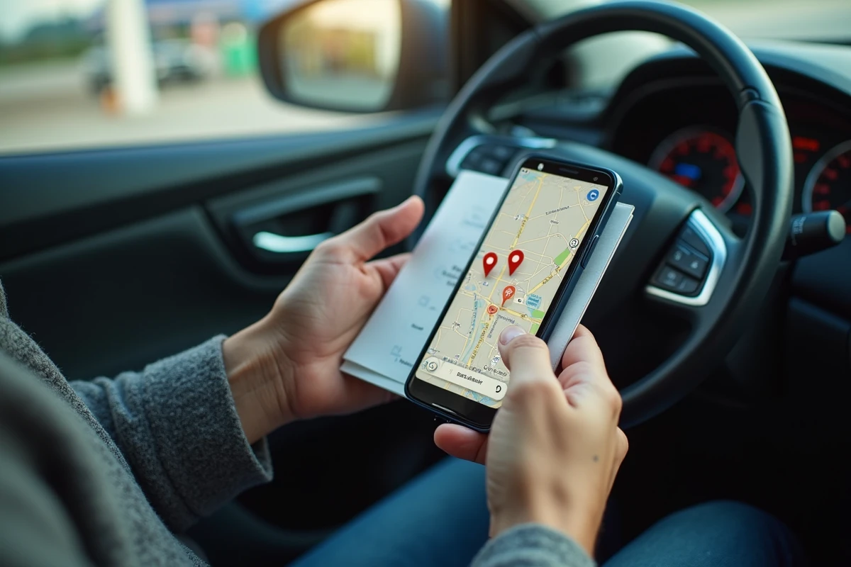 Mains tenant un smartphone avec carte des stations-service et un chèque à l'intérieur d'une voiture