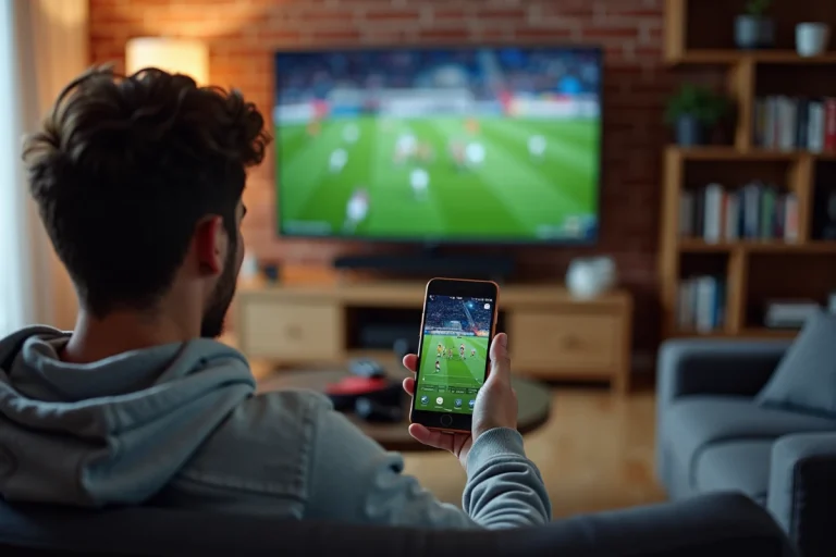 Homme regardant un match de sport en streaming sur une Smart TV dans un salon moderne avec son smartphone