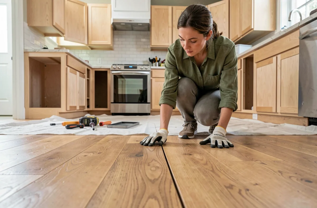 Propriétaire inspectant la pose d'un nouveau parquet en bois dans une cuisine en cours de rénovation