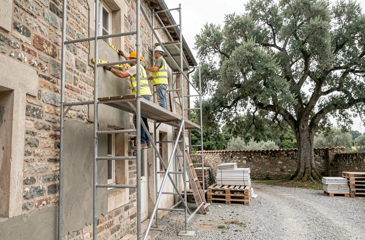 Deux ouvriers sur un échafaudage rénovant la façade en pierre d'une maison traditionnelle à la campagne