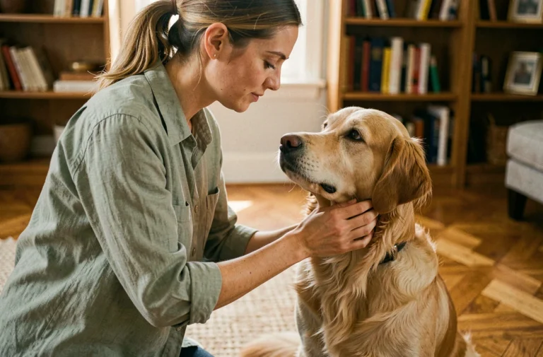 Femme brossant son golden retriever dans un salon chaleureux, soin quotidien des animaux de compagnie