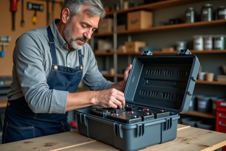 Homme rangeant des batteries lithium-ion dans une boîte de stockage ventilée sur un établi en bois dans un atelier de garage organisé