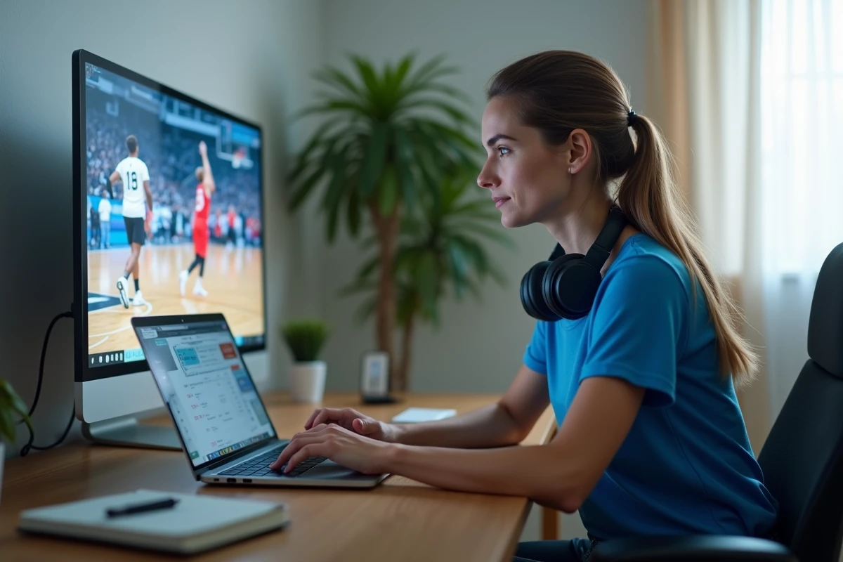 Femme regardant un match de basketball en direct sur un site de streaming sportif depuis son ordinateur portable
