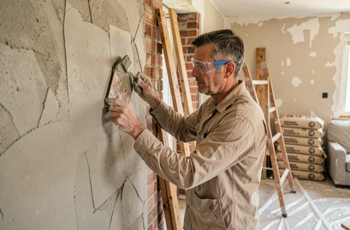 Artisan en train d'appliquer de l'enduit sur un mur lors de travaux de rénovation intérieure d'une maison