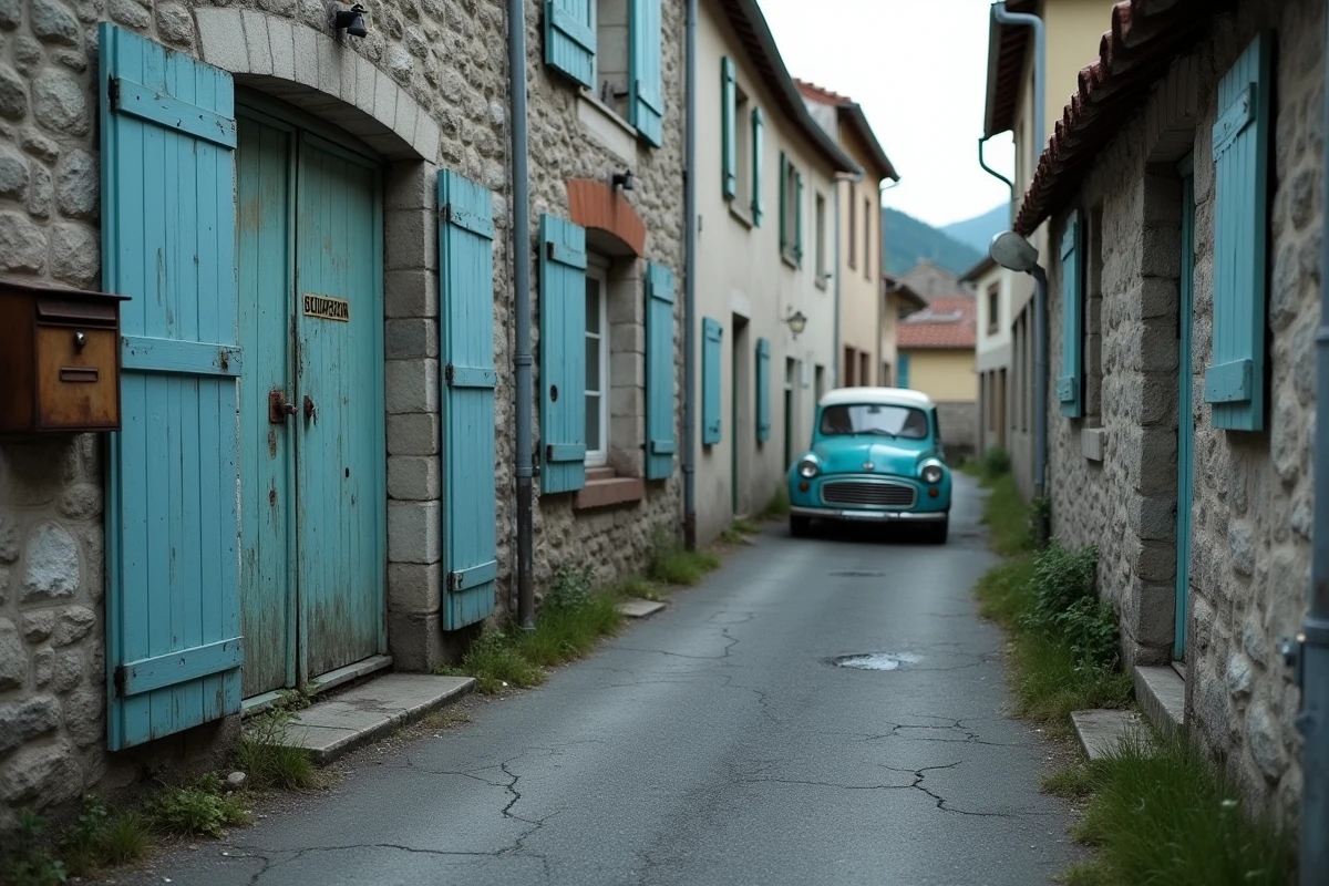 Rue de village rural français dans le Jura avec maisons en pierre et volets décolorés, atmosphère de silence et de passé enfoui